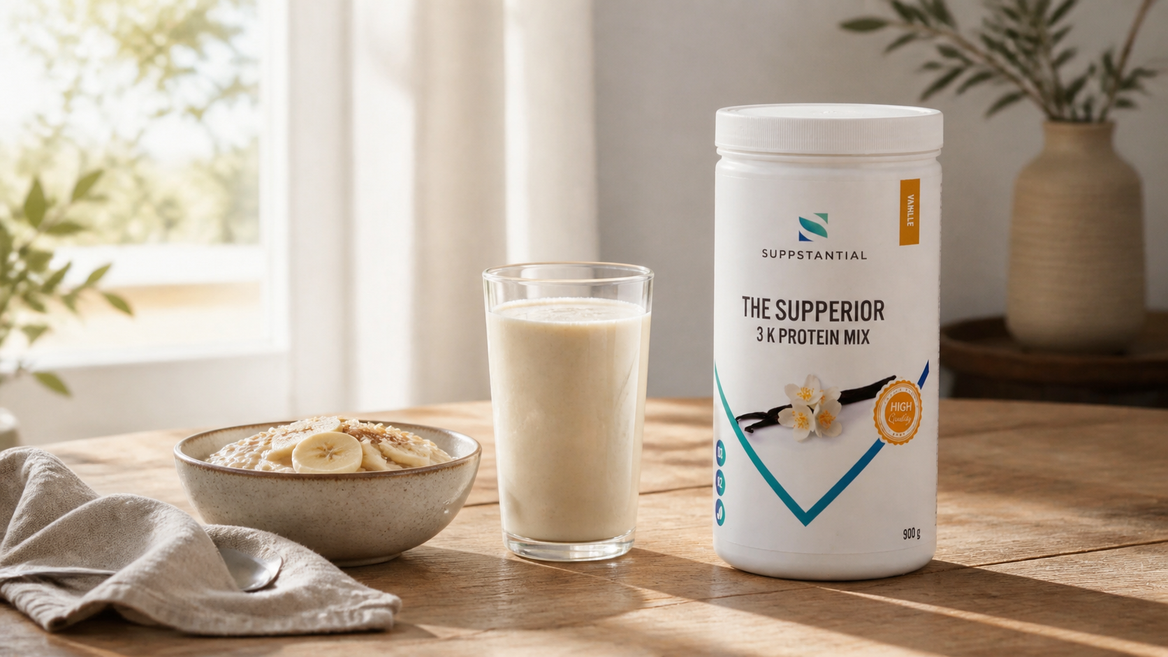 Vanille-Proteinshake, Frühstücksbowl und The Supperior 3K Protein Mix auf einem hellen Frühstückstisch