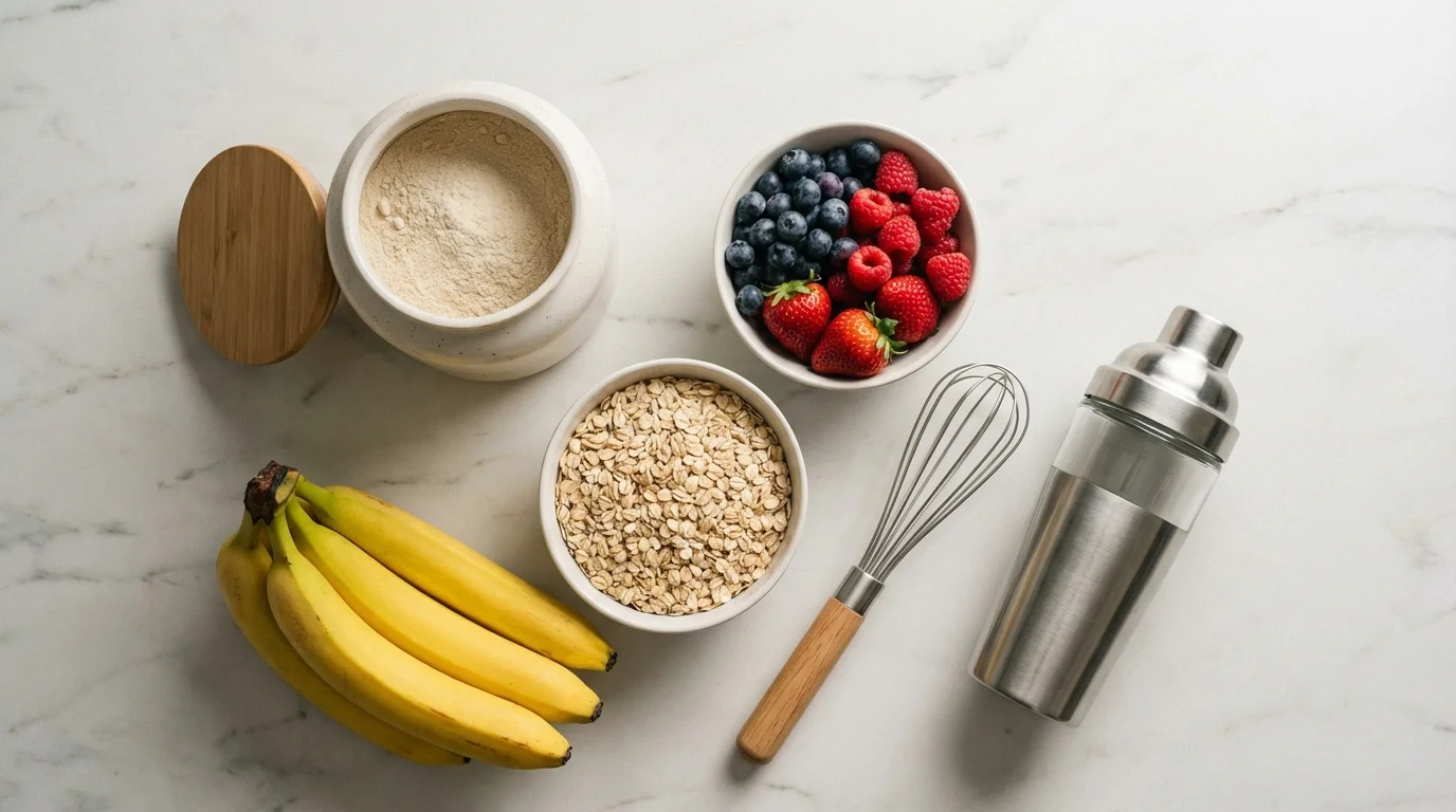 Proteinpulver Zutaten auf Küchenarbeitsplatte