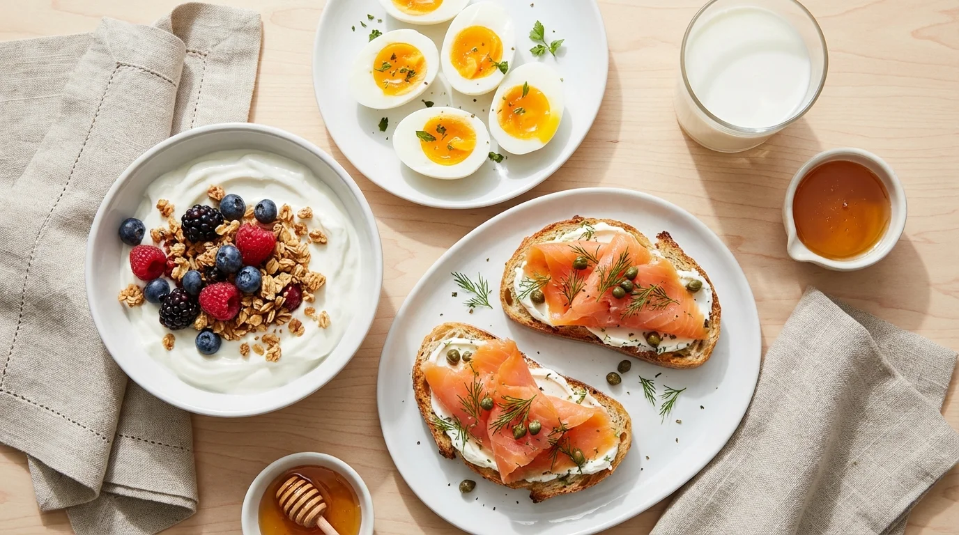 Proteinreiches Frühstück mit Joghurt, Eiern und Lachs